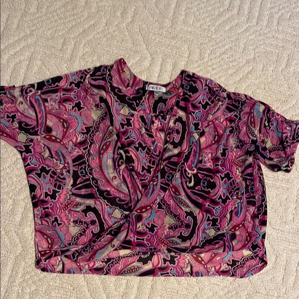 Jennifer Lopez Pink Graphic Wrap Style Blouse with Mandarin Collar